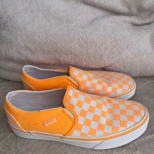 Vans Women’s Orange and White Checkered Slip-On Sneakers Size 8.5